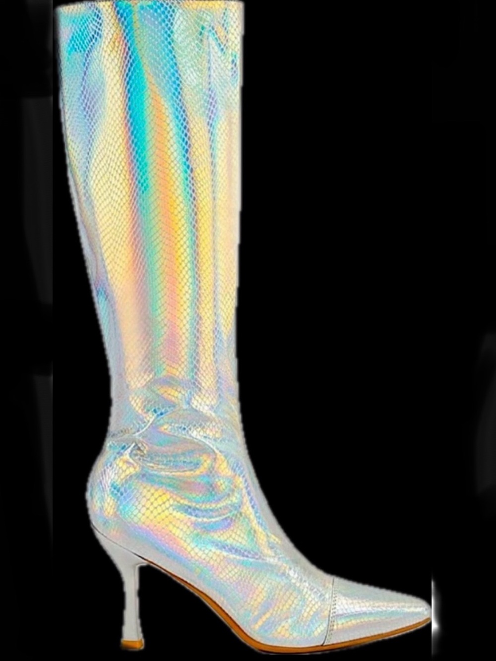 Silver metallic holographic crocodile print knee high shein stiletto heel boots